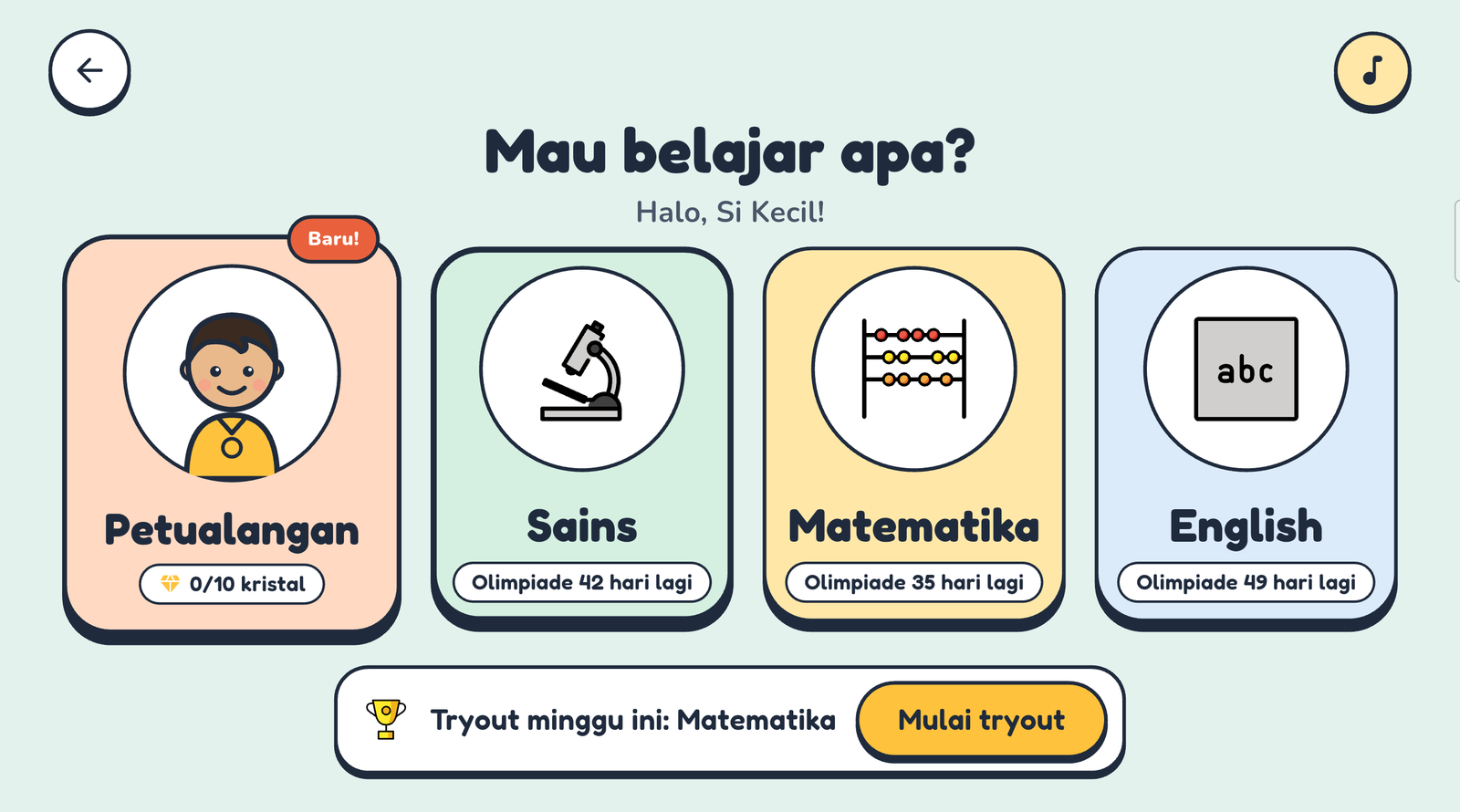 Layar Mau belajar apa? di CleaverKit, dengan kartu Petualangan, Sains, Matematika, dan English
