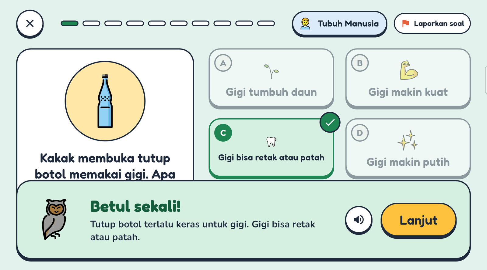 Soal di Mode Latihan CleaverKit setelah dijawab benar, dengan tulisan Betul sekali! dan penjelasannya