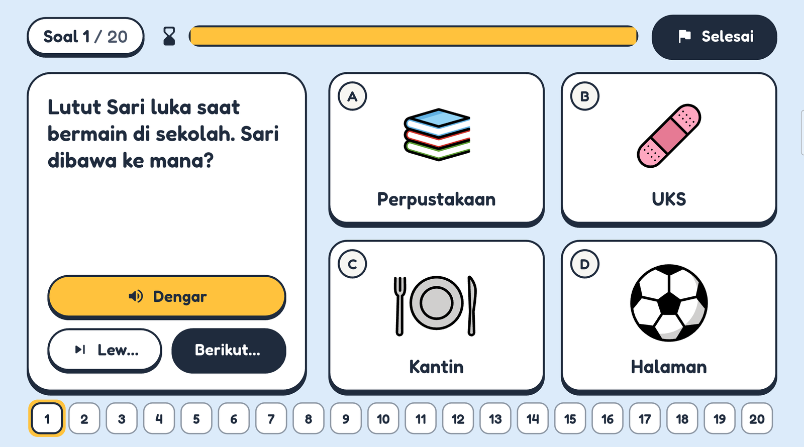 Satu soal Simulasi Olimpiade dengan penanda waktu, tombol Lewati, dan nomor soal 1 sampai 20