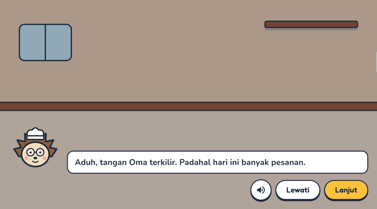 Cerita pembuka Toko Roti Oma Pipi: Oma Pipi berkata tangannya terkilir padahal hari ini banyak pesanan