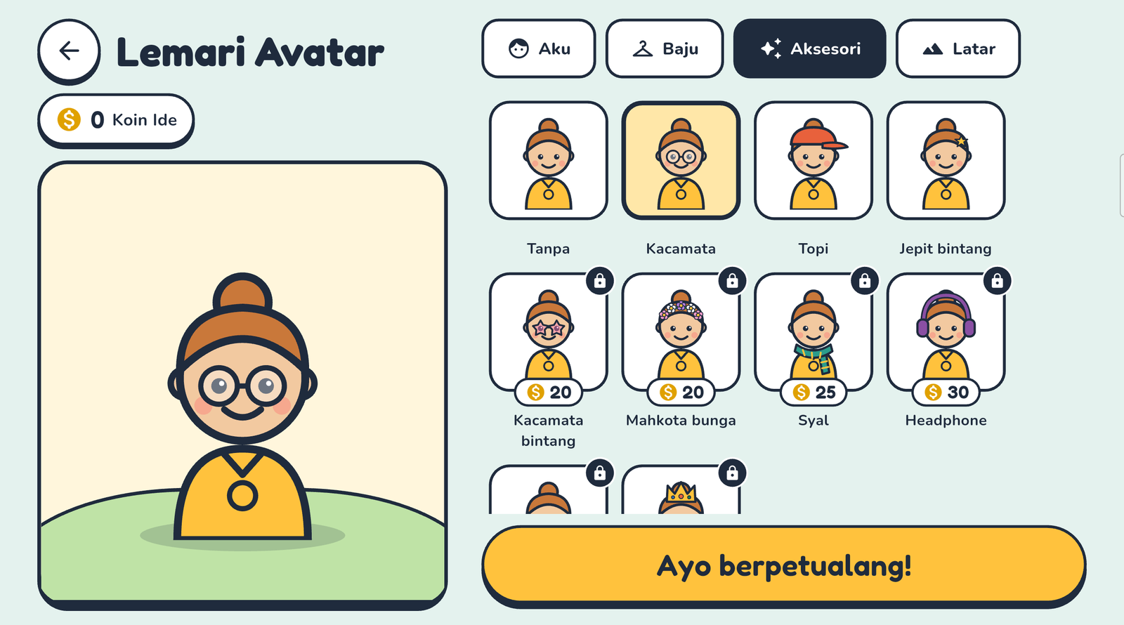 Lemari Avatar CleaverKit: avatar berkacamata di kiri, pilihan aksesori di kanan, sebagian terkunci dan bisa ditukar dengan Koin Ide